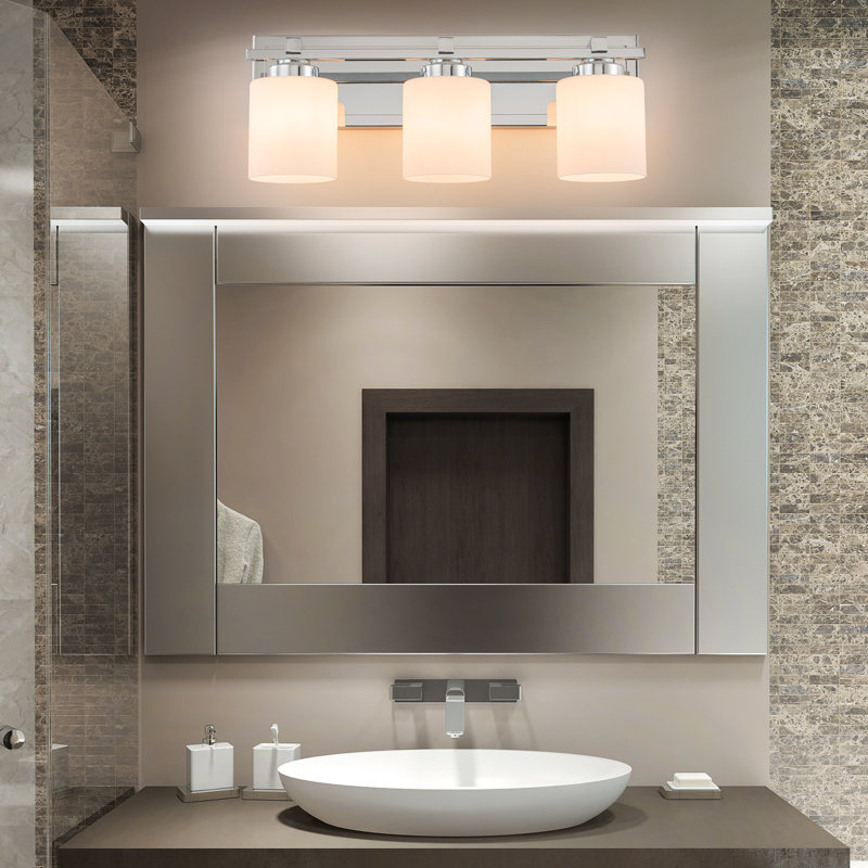 Luminaire de salle de bain moderne 3 lumières au-dessus du miroir, lumières de meuble-lavabo chromées, abat-jour en verre blanc laiteux, douille E26 (ampoules non incluses)