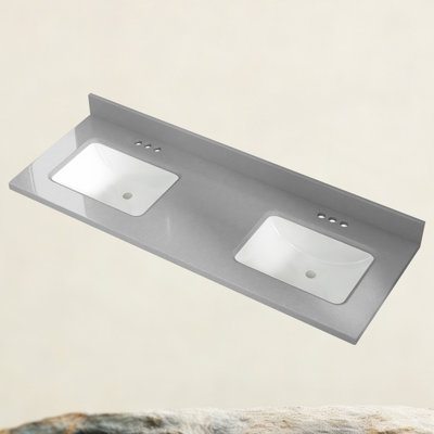 60'' W X 22'' D Engineered Stone Gray Drop-In Vanity Top Double Sinks Center Drain Countertop Rectangular Undermount Ceramic Sink with Three Pre-Drilled Faucet Holes & 4 In. H Backsplash