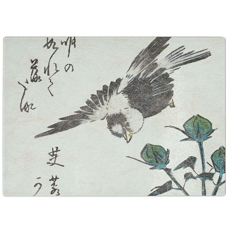 Tempered Glass Sparrow & Hibiscus Flowers by Utagawa Hiroshige Chopping Board, 28.5 cm W x 20 cm L