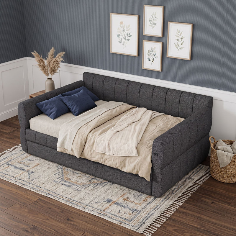 Grand lit de jour rembourré avec couchette et ports USB, Gris