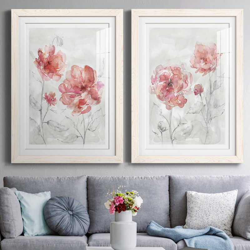 «Blush Botanical I», ensemble de 2 reproductions d'art, Blanc, Papier encadré blanc, H 31,5 po x l 47 po x P 1,5 po