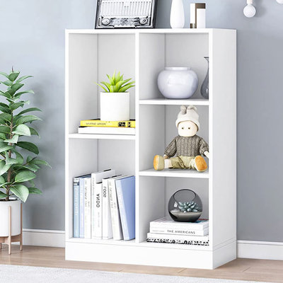 Bibliothèque à 3 niveaux avec tablette ouverte en bois avec base, présentoir 5 cubes et rangement en un