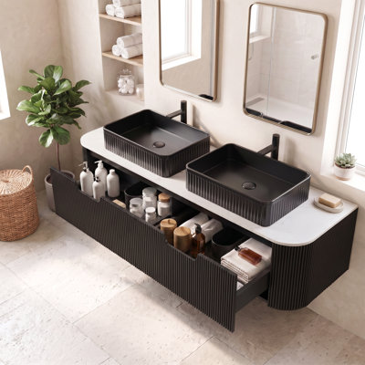Meuble-lavabo mural 60 po en pierre frittée blanche Carrara avec lavabo rond en céramique noir, tiroirs, sans robinet