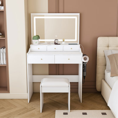 New Large Mirror Vanity Desk For Bed Room  , Modern Makeup Vanity Set With Power Outlet And Hair Dryer Holder, 5 Drawers , 3 Lighting Color Adjustable Dressing Table For Bedroom, White Color