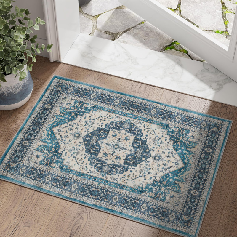 Tapis bleu rétro lavable, Rectangulaire 2 pi x 3 pi