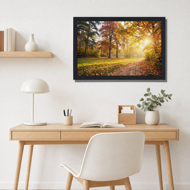 Sentier de forêt ensoleillé d'automne avec des feuilles oranges - Tableau sur toile, 24"H x 36"W
