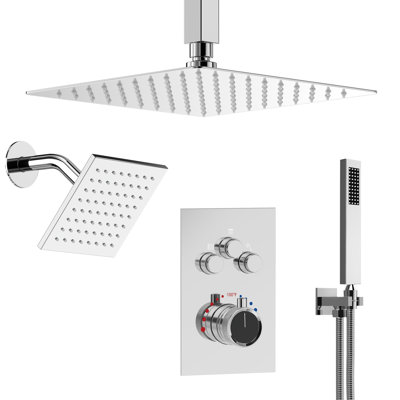 Ceiling Mount 12" High-Pressure Rainfall Shower Faucet, Dual Rainfall Shower Head System with Thermostatic Valve