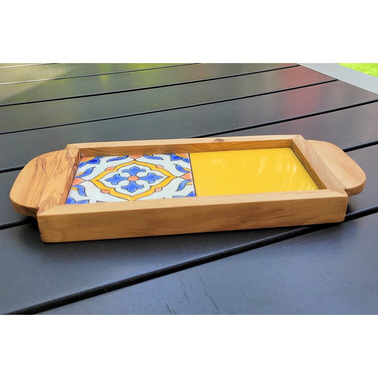 KAMSAH Small Olive Wood Serving Tray, Alhambra Design