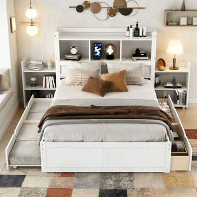 Full Size Storage Platform Bed with Pull Out Shelves, Twin Size Trundle and 2 Drawers