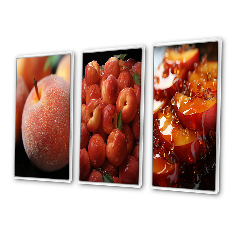Juice Peach Fruit Delight I - fruits, ensemble de 3 reproductions d'art sur toile, Cadre flottant blanc, H 40 po x l 60 po