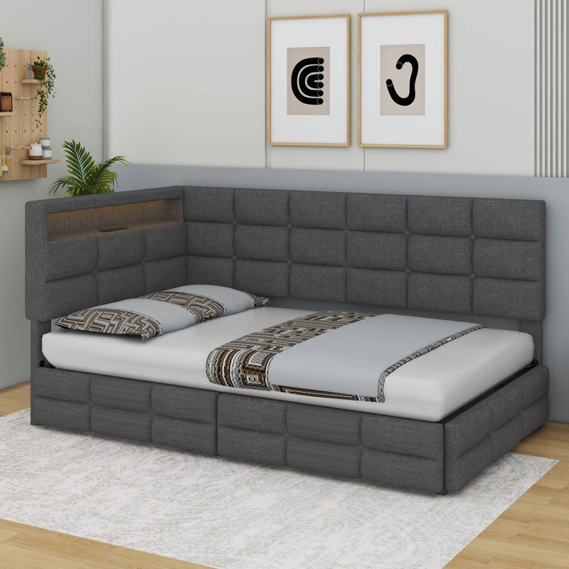 Lit de jour simple avec rangement 2 tiroirs et station de charge, Gris