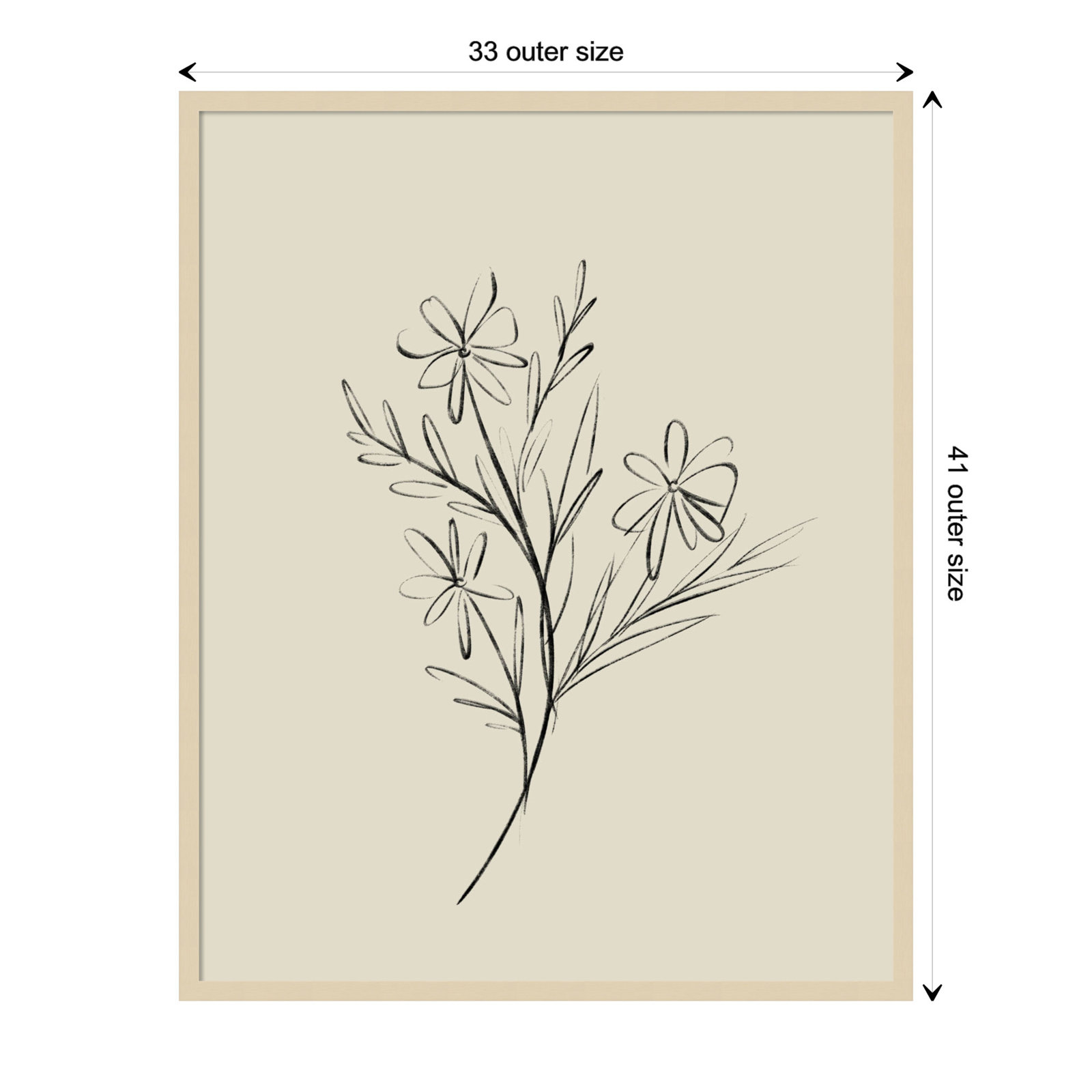 Line Drawn Flowers 1 Print, Brown Framed, 33" W x 41" H x 1" D