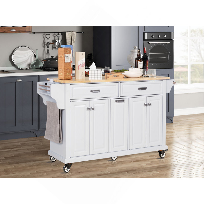 Îlot de cuisine avec comptoir en bois d'hévéa, chariot de cuisine sur 5 roulettes avec armoire de rangement et 2 tiroirs supérieurs et un tiroir de rangement central à double couche pour la salle à manger