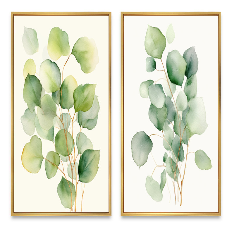 «White Green Minimalisme» Eucalyptus Essence VI - ensemble d'art mural floral de 2 pièces, H 32 po x l 32 po