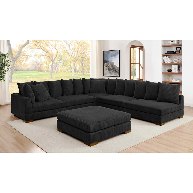 Large Seating Corduroy Modular Sleeper Sectional, Black Corduroy