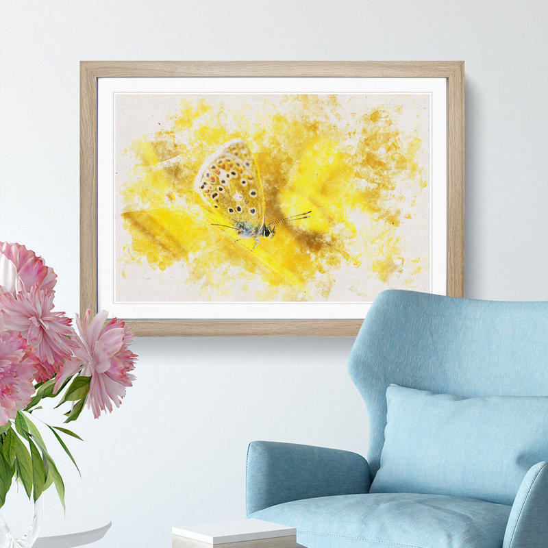 Yellow Butterfly Watercolour - Framed Print, Oak, 62cm H x 87cm W x 2cm D