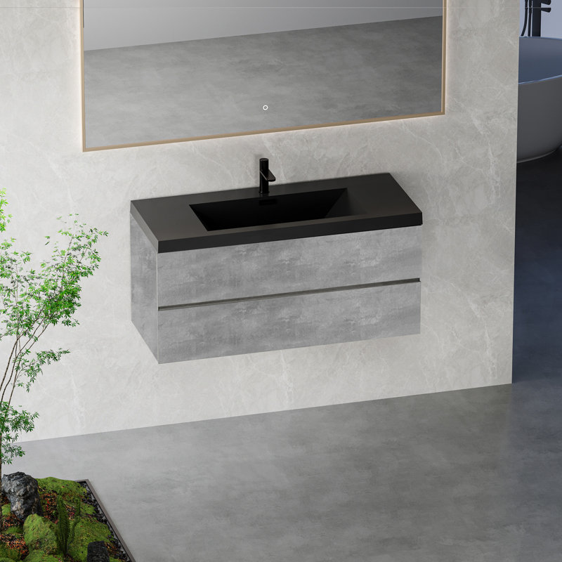 Meuble-lavabo mural 48 po avec lavabo, meuble-lavabo mural avec lavabo à quartz noir et tiroirs