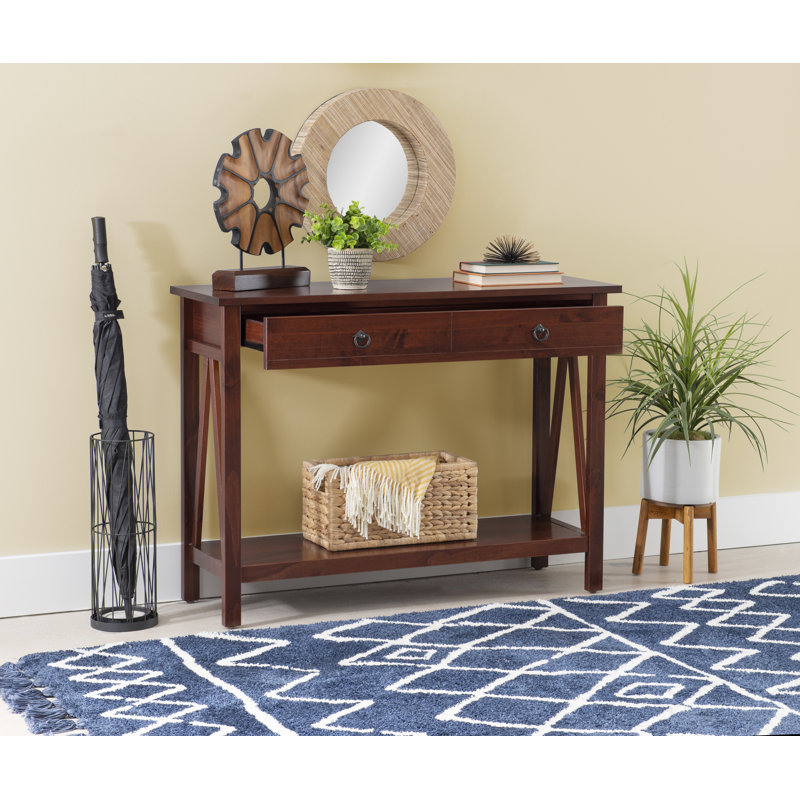 Console 20 po en bois massif avec tablette et tiroir, Tabac