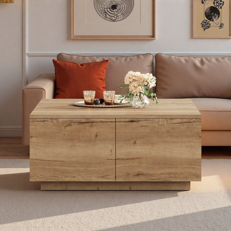 Table basse moderne carrée avec 4 tiroirs, Natural