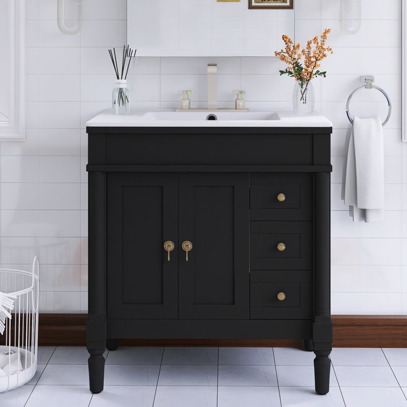 24" Freestanding Single Bathroom Vanity With White Ceramic Integrated Top, Black/Gold