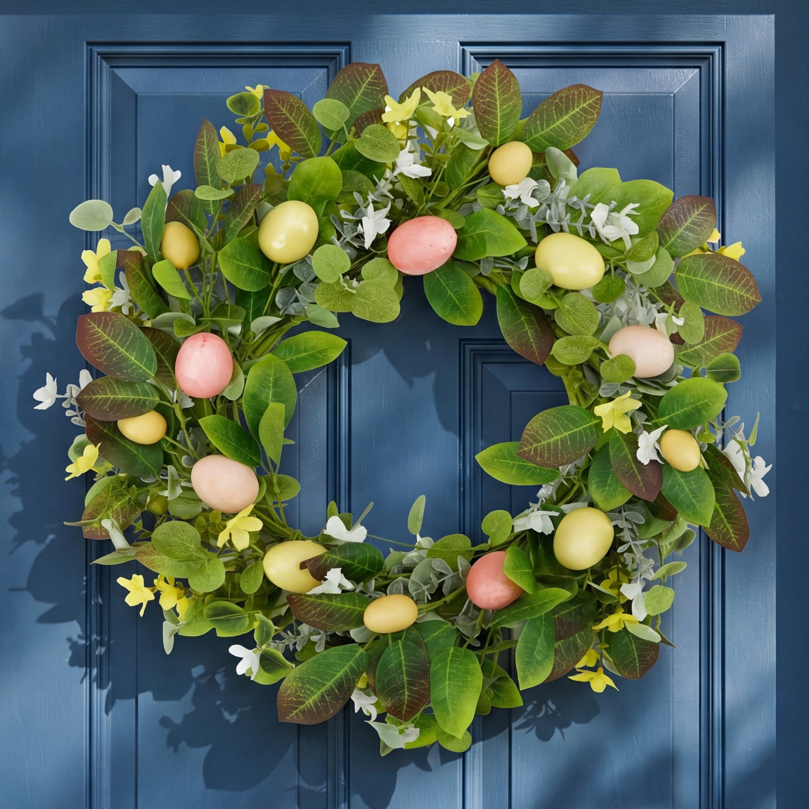 Artificial Easter Wreath Spring Door Wreath With Colorful Eggs,Flowers,Eucalyptus Leaves,Mix Leaves For Front Door Farmhouse Indoor Outdoor Festival Home Decor