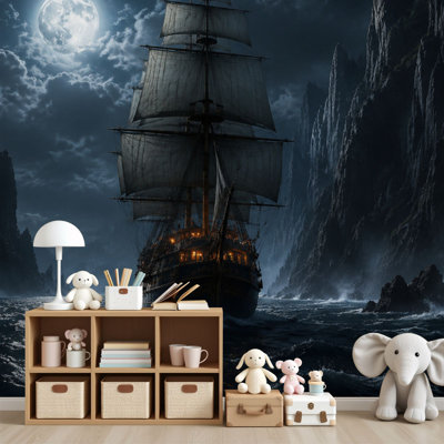 Peel and Stick Wallpaper Sailboat Nautical Pirate Ship Ocean Warship Contemporary Ship Moon Wall Murals 69"H x 96"W Removable PVC Wall Paper Self-Adhesive Wall Decor for Bedroom Living Room Home Office