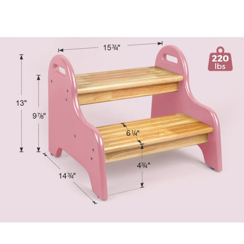 Tabouret à 2 marches, repose-pieds en bois, P 14,75 po x l 15,75 po x H 13 po, rose