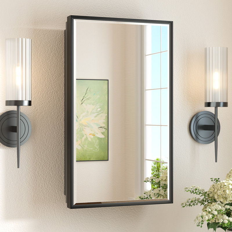 Cyrille Recessed & Surface Framed Medicine Cabinet with Mirror and Shelves, Black, 24" H x 14" W x 5.2" D