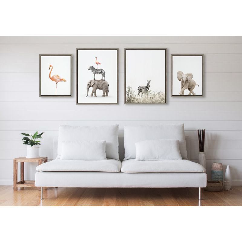 Zèbre dans les hautes herbes, flamant debout, promenade d'éléphants et animaux safari empilés par Amy Peterson, ensemble d'art mural sur toile