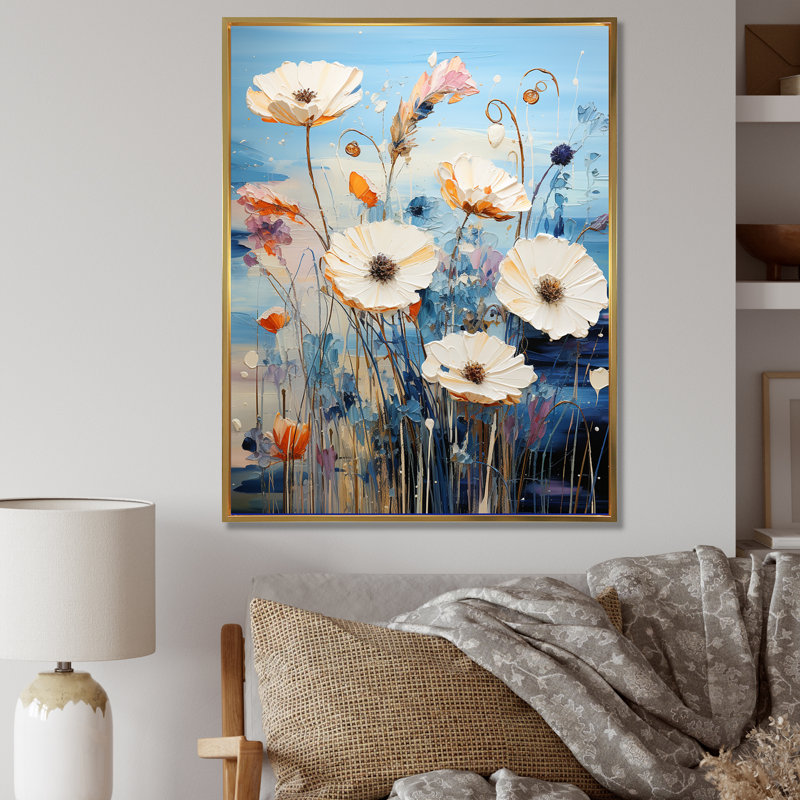 Mélodie de bleuet bleu sur toile, Cadre flottant doré, H 32 po x l 16 po x P 1 po