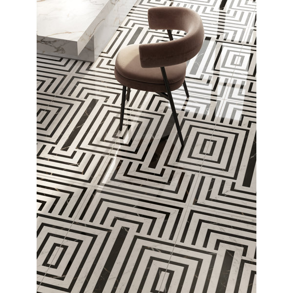 Ornato Maze 24x48 Bold Black & White Geometric Marble-Look Porcelain Wall and Floor Tile