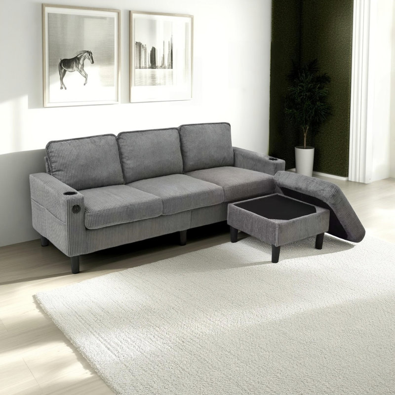 Canapé modulaire gris clair à 3 places avec repose-pieds avec rangement - canapé rembourré moderne avec port USB, porte-gobelets et rangement pour accoudoirs de salon, d'appartement