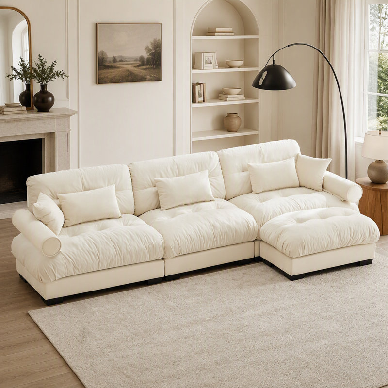 Canapé d'angle modulaire surdimensionné en velours ultra confortable avec pouf amovible, canapé d'angle avec accoudoirs rembourrés, canapé nuage à assise profonde, canapé convertible en L pour salon
