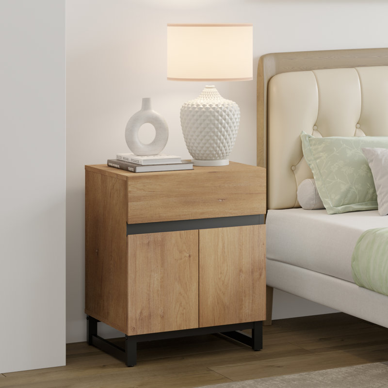 Aadam Modern End Table With 1 Drawer & 1 Storage Cabinet, Oak