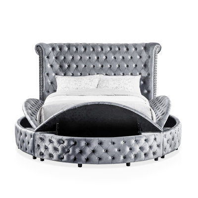 King Size Bed In Round Shape With Gray Velvet - Like Fabric, Button Headboard, And Charging Featuring Upholstery, Storage Rail