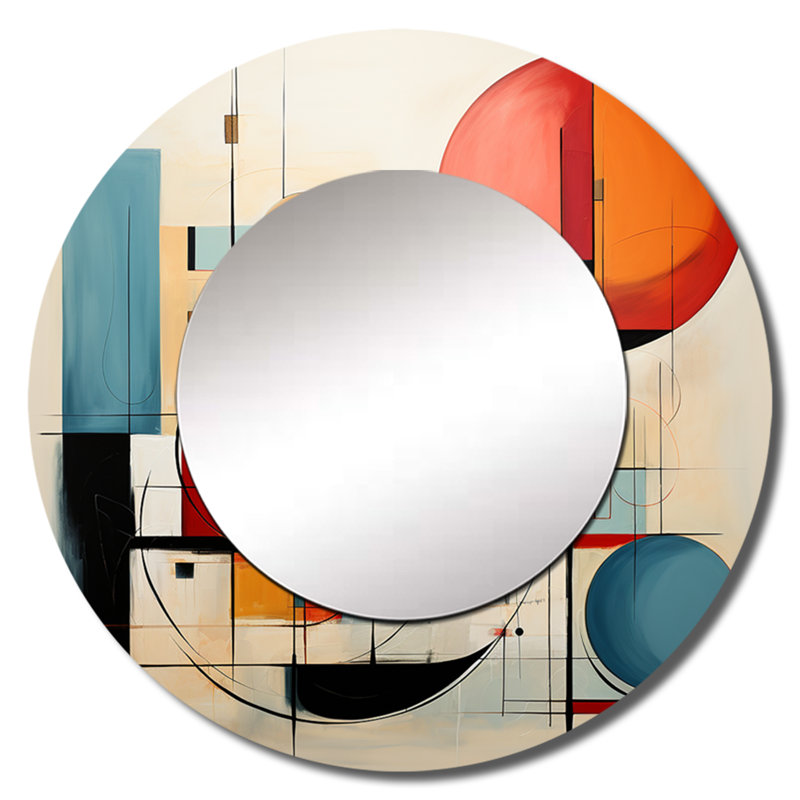 Coloré Mid Century Dynamic Duality II - miroir décoratif moderne de style Mid-Century, miroir mural rond de style Mid-Century, impression d'art en métal