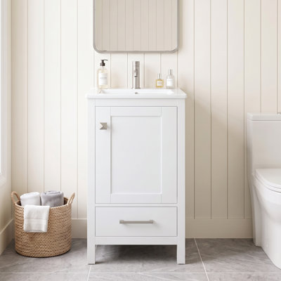 18" Solid Wood & MDF Freestanding Standard Bathroom Vanity, White, with Ceramic Sink, Soft-Close Drawers, Door Organizer, Divider Drawer and Adjustable Plastic Foot Pads, Faucet Not Included
