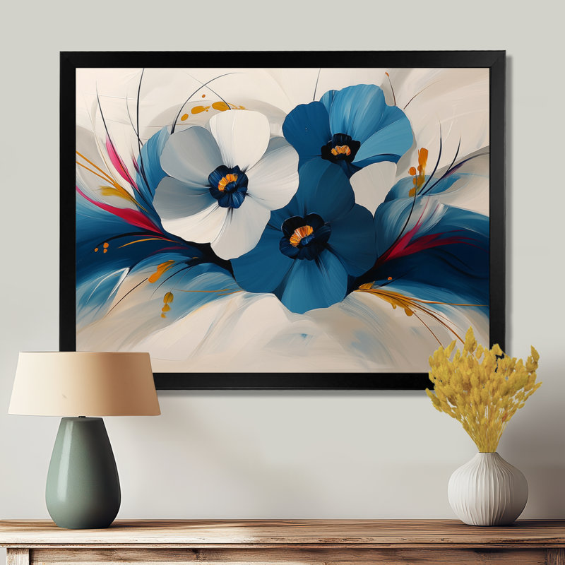 Velvet Blue Poppies Drop - Art mural coquelicots, H 12 po x l 20 po, Cadre simple noir