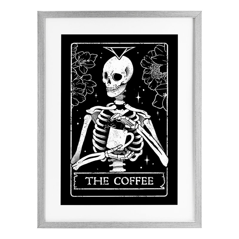 «The Coffee Skeleton Tarot», reproduction sous verre, éditée par EduEly Designs, H 20 po x l 14 po, Cadre de ferme gris