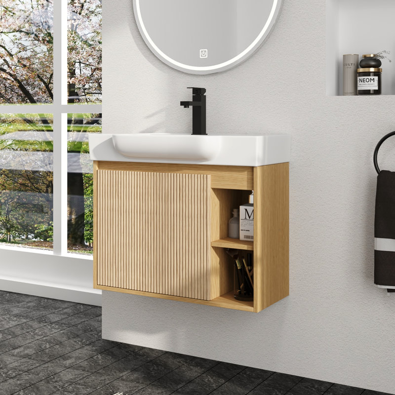 Meuble-lavabo simple Marnar 28 po avec comptoir en céramique, meuble-lavabo mural avec lavabo en céramique, Light Oak, 28"