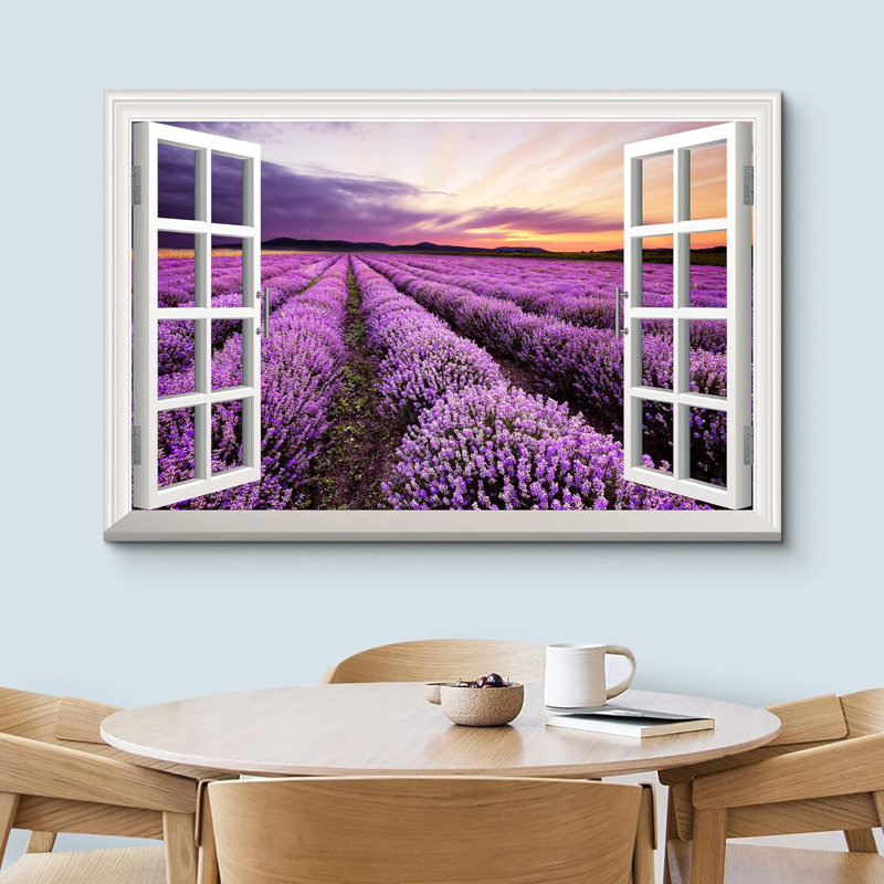 Fenêtre, paysage, champ de lavande mauve au coucher du soleil, impression sur toile tendue, H 16 po x l 24 po