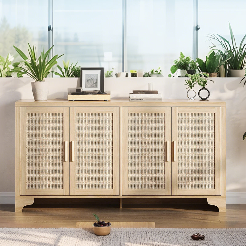 Boho Natural Rattan TV Stand for TVs Up to 70”, Farmhouse Media Console Entertainment Center with Cabinets & Shelves, Storage Living Room Furniture