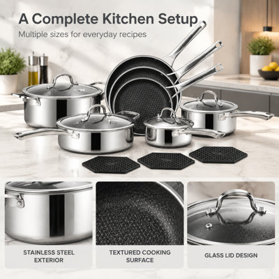 Ensemble de 14 casseroles et poêles antiadhésives hybrides, collection de batterie de cuisine en acier inoxydable, sans PFOA, compatible avec l'induction, comprend une poêle à frire, des casseroles, une poêle à sauter et une marmite