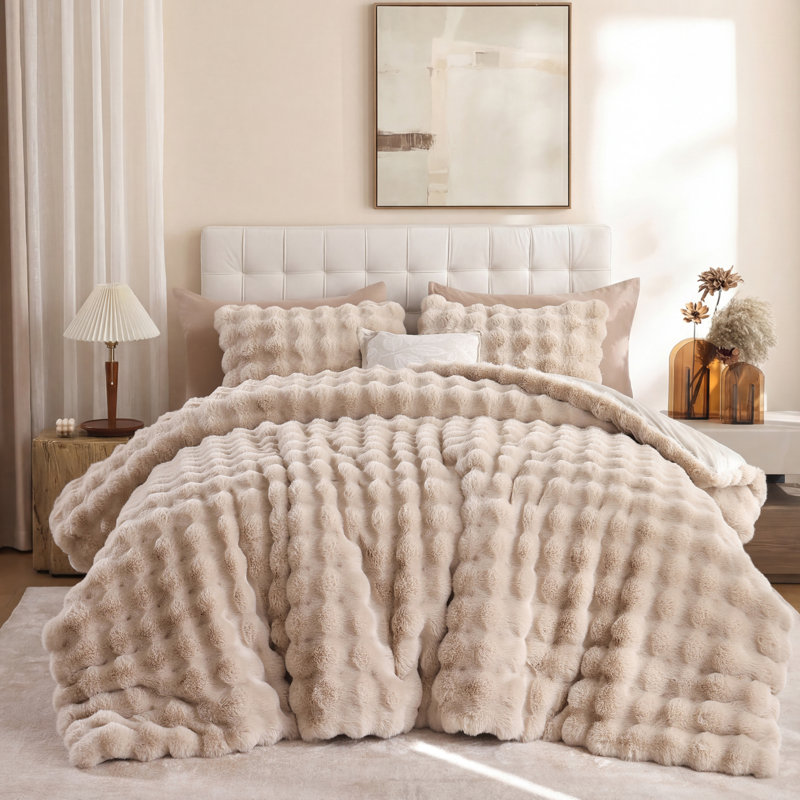 Fluffy Comforter Set Ultra Soft & Warm Faux Fur Comforter With Pillowcases For Winter, Linen