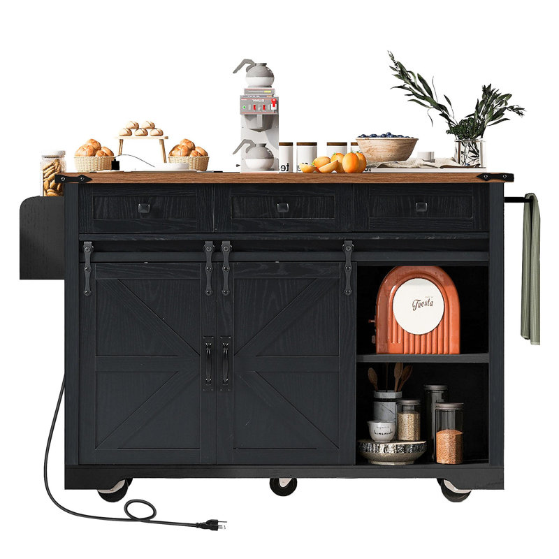 53.7" Farmhouse Kitchen Island With Power Outlet, 2 Sliding Barn Door Kitchen Storage Island With Drop Leaf, Spice Rack Rolling Kitchen Cart On Wheels, For Home, Kitchen And Dining Room, Black