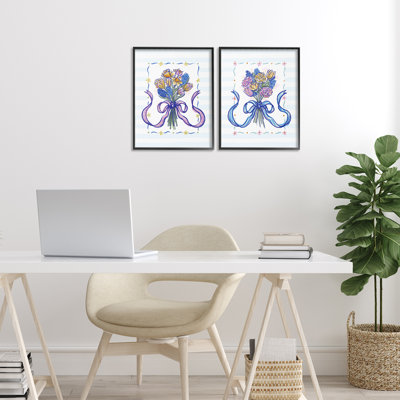 Ribboned Spring Flower Bundle 2pc Framed Giclee Set, design by Connie Summers