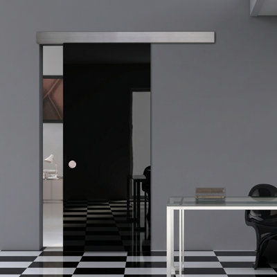 Porte coulissante de grange en verre sans cadre 30 po x 80 po avec finition noire et motif sérigraphié en céramique