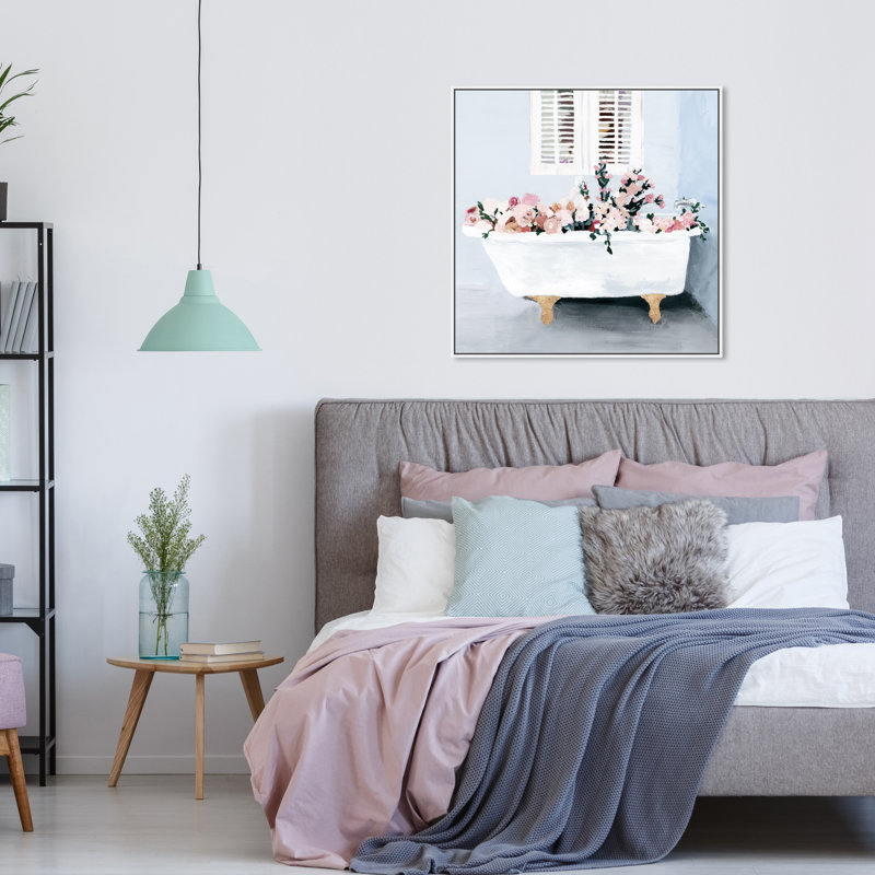« floral baignoire square », reproduction de peinture à l’aquarelle sur toile en bleu/rose/blanc, Blanc