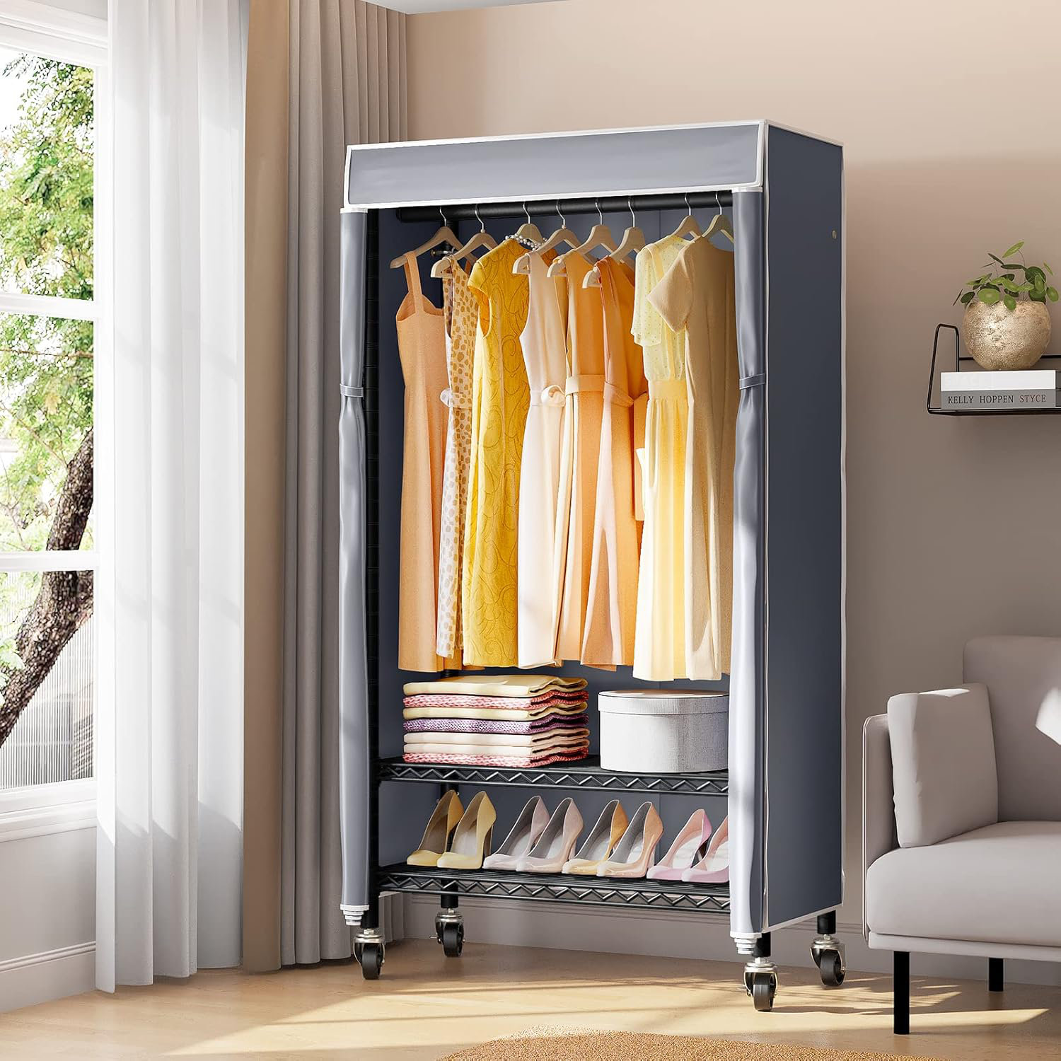 Latitude Run® R1C Rolling Clothes Rack with Cover Portable Closet for ...