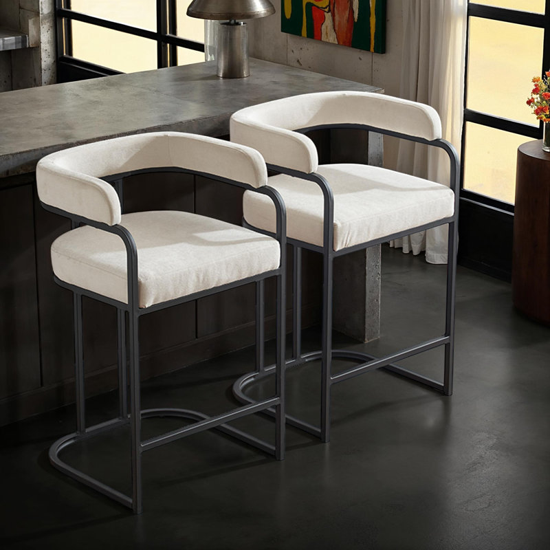Chenille Bar Stools Set of 2 – Upholstered Seats, Metal Frame and Ergonomic Design for Kitchen Island or Home Bar, White